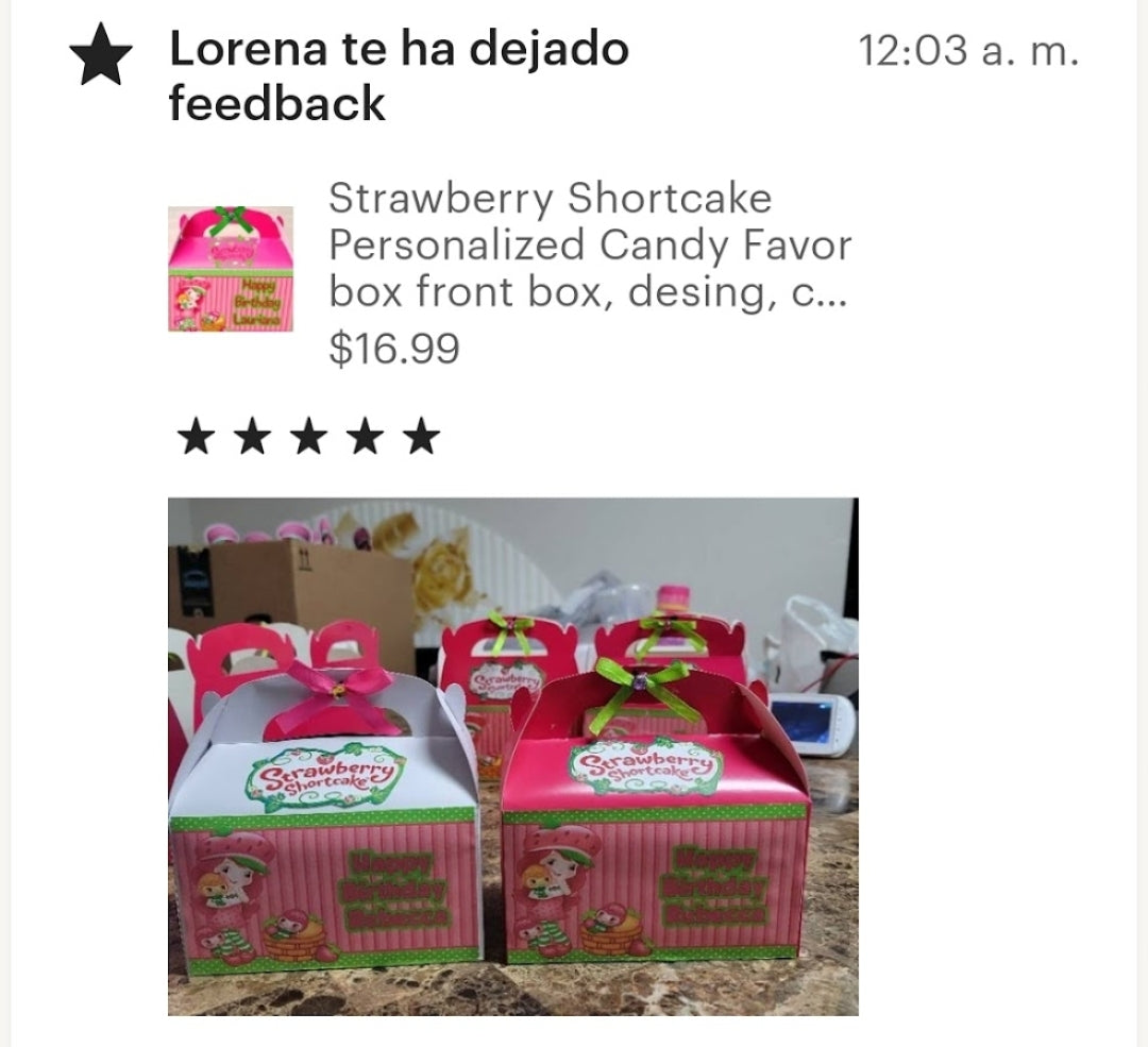 Strawberry Shortcake Personalized Candy Favor box front box, desing, custom, color box birthday party Inactivo